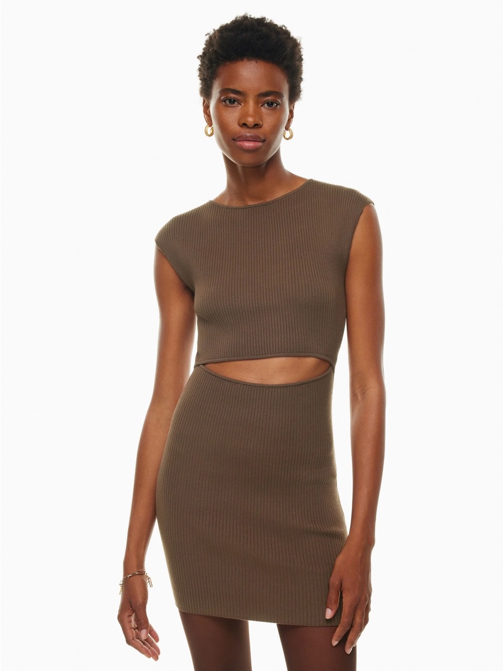 Wilfred Olive Brown Ribbed Cutout Mini Dress